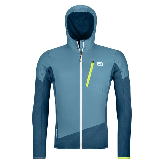 Ladiz Hybrid Jacket M, men's functional merino wool jacket with windproof inserts, blue color, designed for alpine environments.