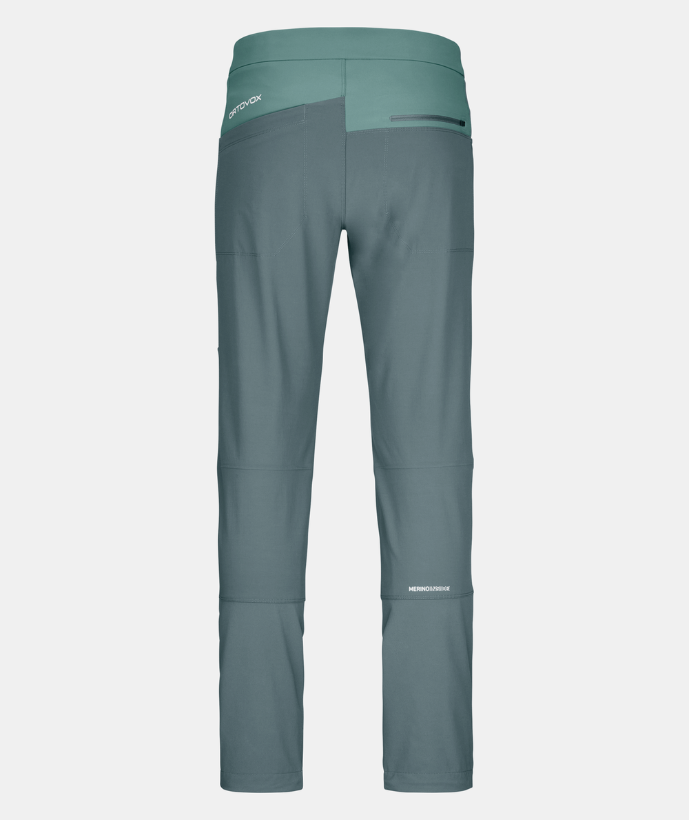 Men's Pala Pants with durable fabric, breathable, stretch fit, in green and dark tones, rear view.