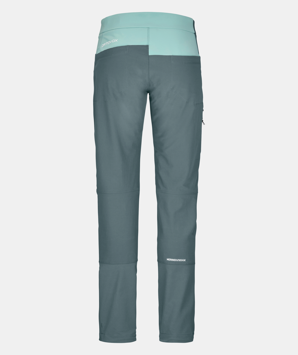 Women's Pala Pants, durable and breathable alpine climbing wear with stretch, abrasion resistance, and Merino wool comfort.