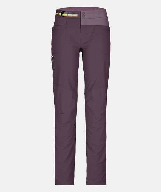 Women's Pala Pants with stretch fabric in purple; designed for alpine climbing, featuring abrasion resistance, preformed knee inserts, and Merino wool interior.