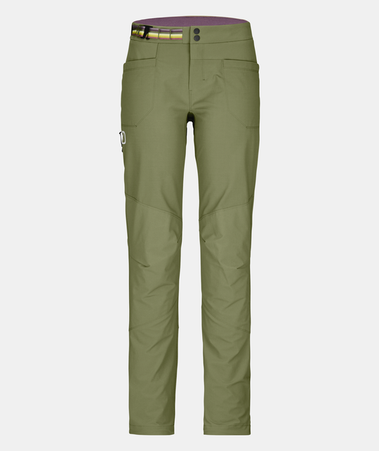 Women's Pala Pants, resistant green climbing trousers with stretch fabric, preformed knees, and breathable Merino wool lining.
