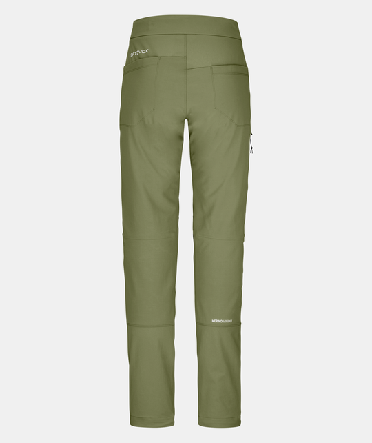 Women's green Pala Pants featuring durable, breathable fabric, abrasion resistance, and Merino wool comfort for alpine climbing.