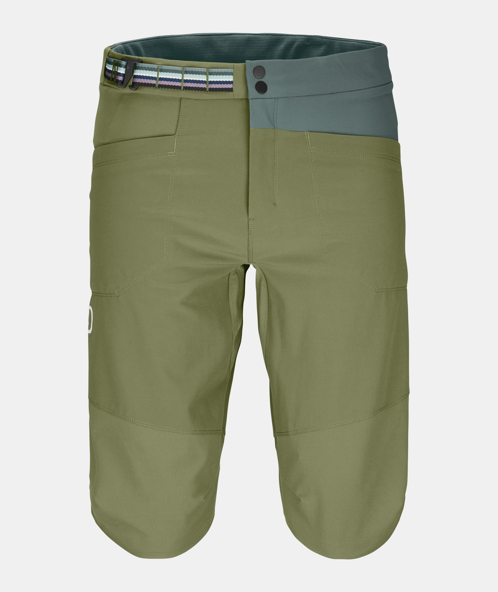 Men's Pala Shorts, durable alpine climbing wear in green, with merino mesh waist and adjustable belt.