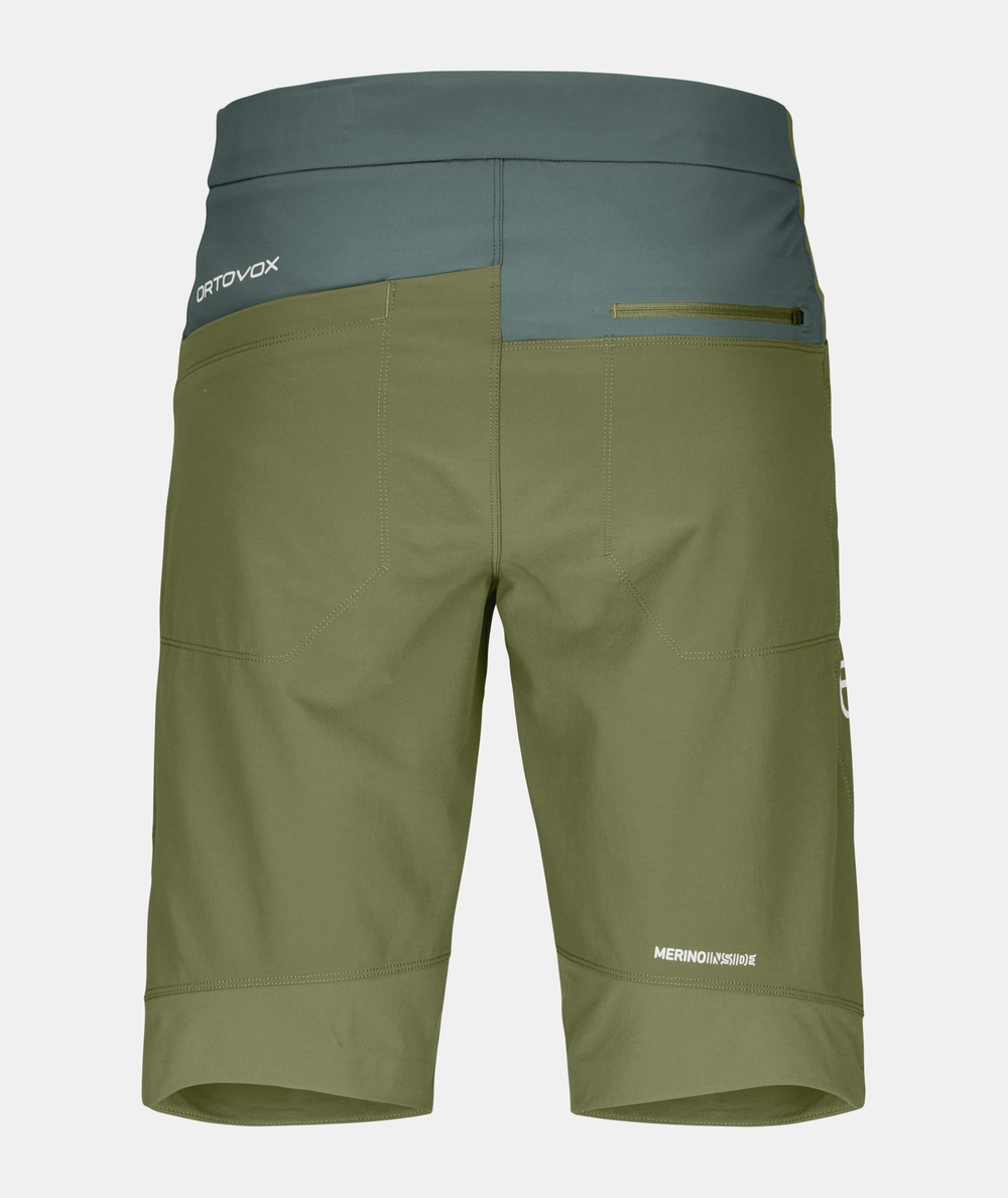 Men's Pala Shorts, durable alpine climbing shorts with Merino wool, green and gray design.