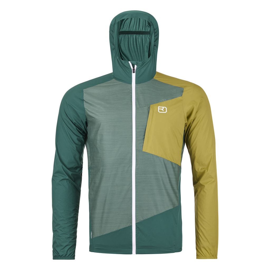 Lightweight men's windbreaker jacket with hood, water-repellent and windproof, featuring Merino wool blend and TEC-STRETCH material.