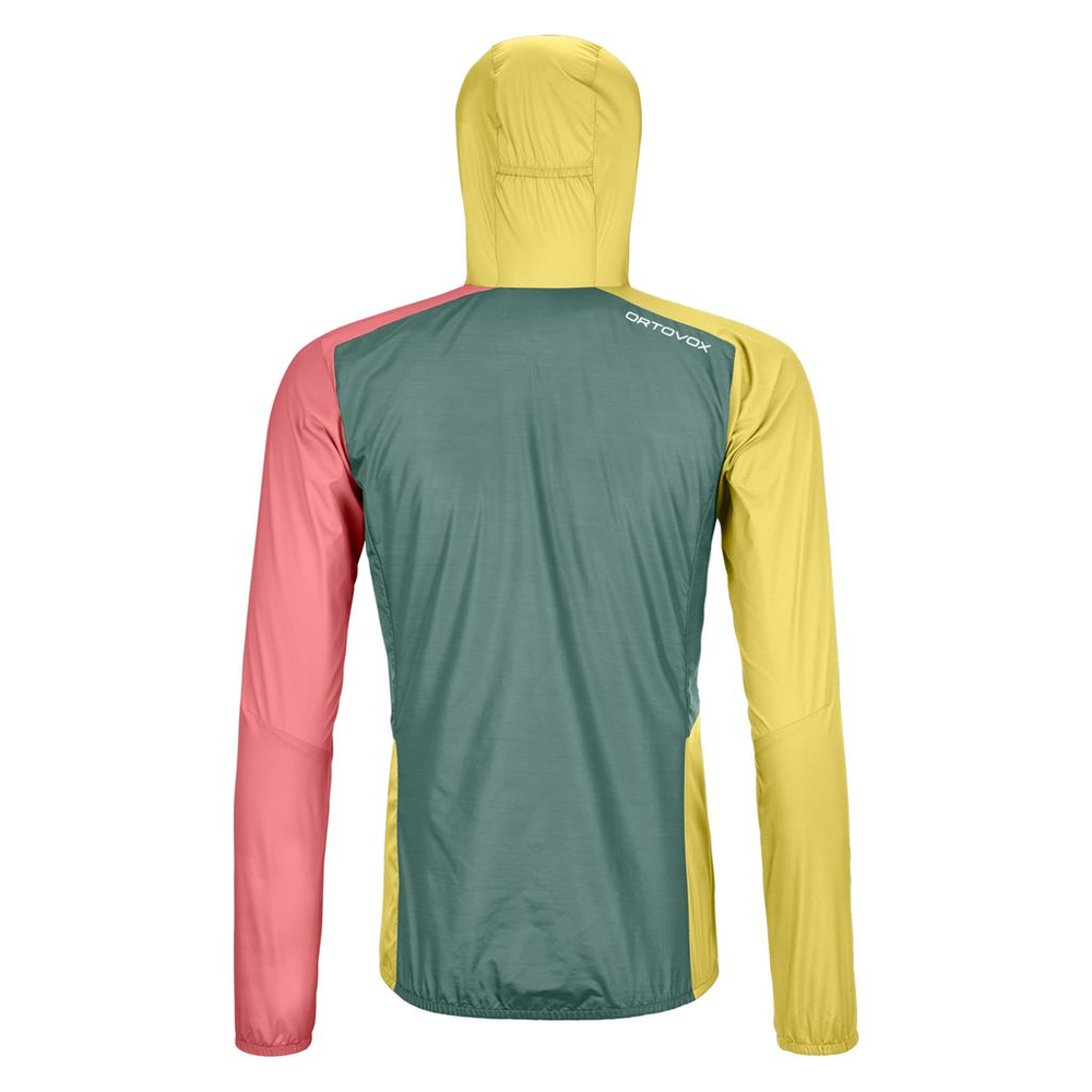 Colorful women's windbreaker jacket with hood, designed for alpine activities; lightweight, compact, and wind-resistant.