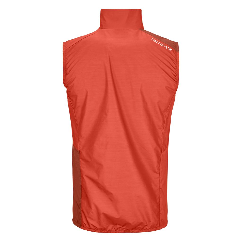 Windbreaker vest M in bright orange, lightweight, windproof, compact with Merino wool, ideal for alpine activities.