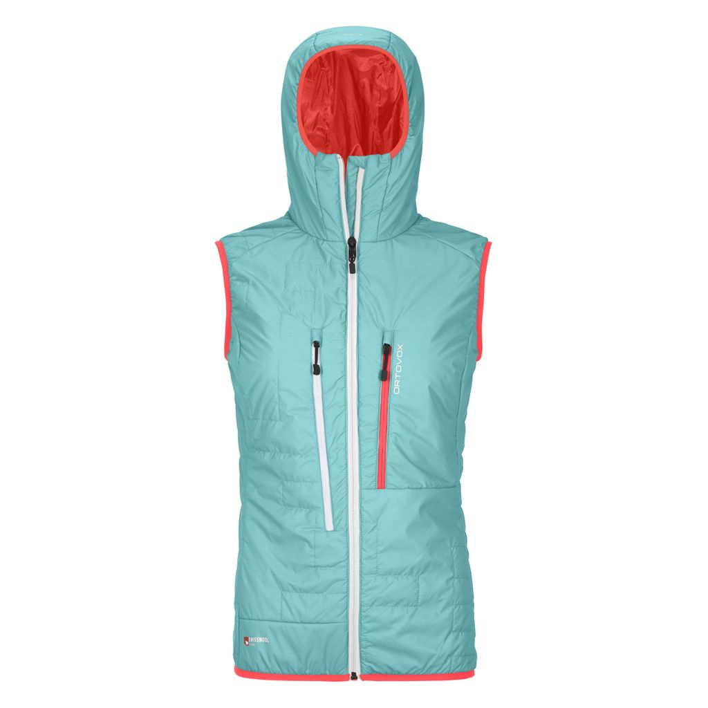 Lightweight Swisswool Piz Boè Vest for Women with Hood and Chest Pockets.