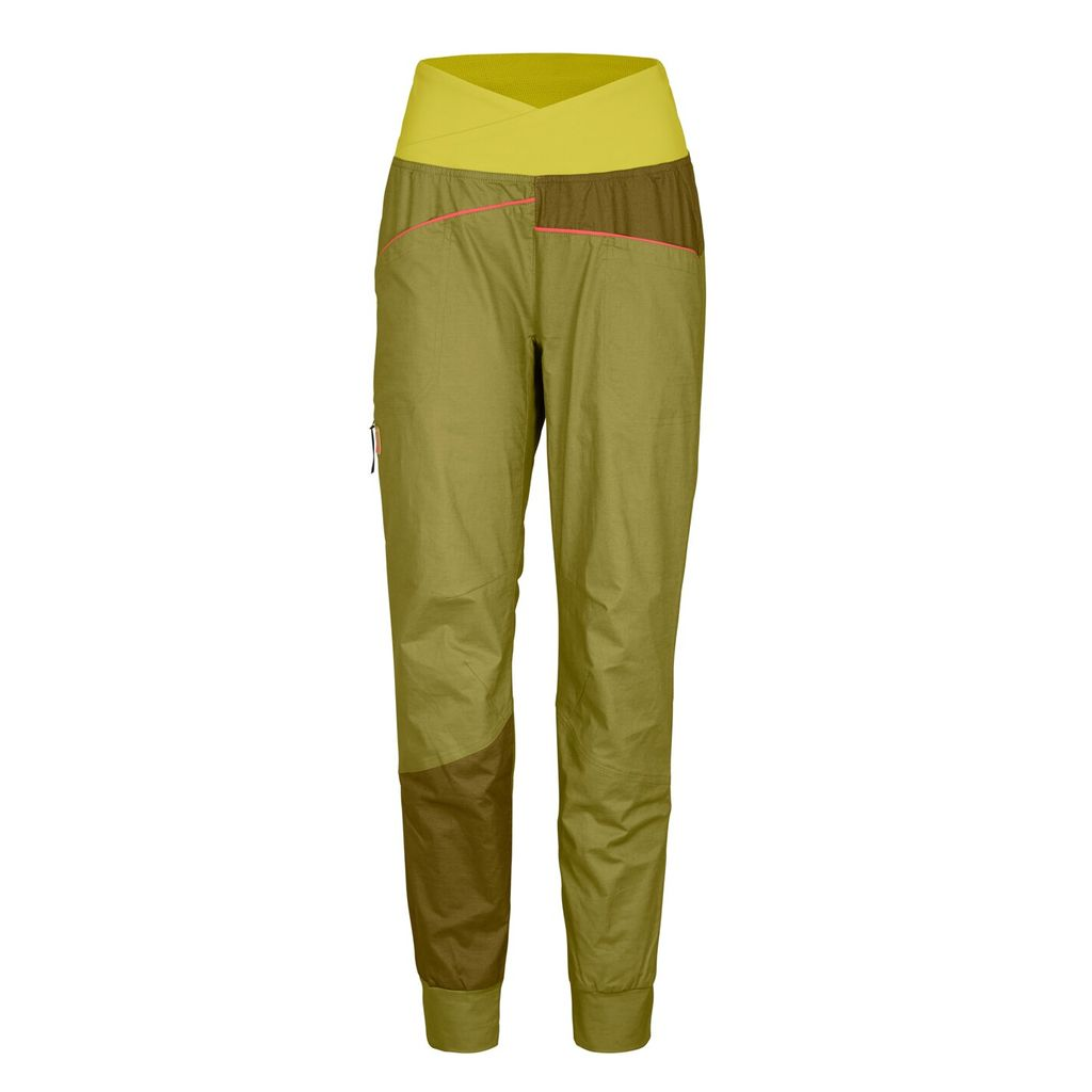 Women's Valbon Pants in organic cotton and hemp fabric, designed for climbing and athletic tours with a loose fit and elastic waistband.