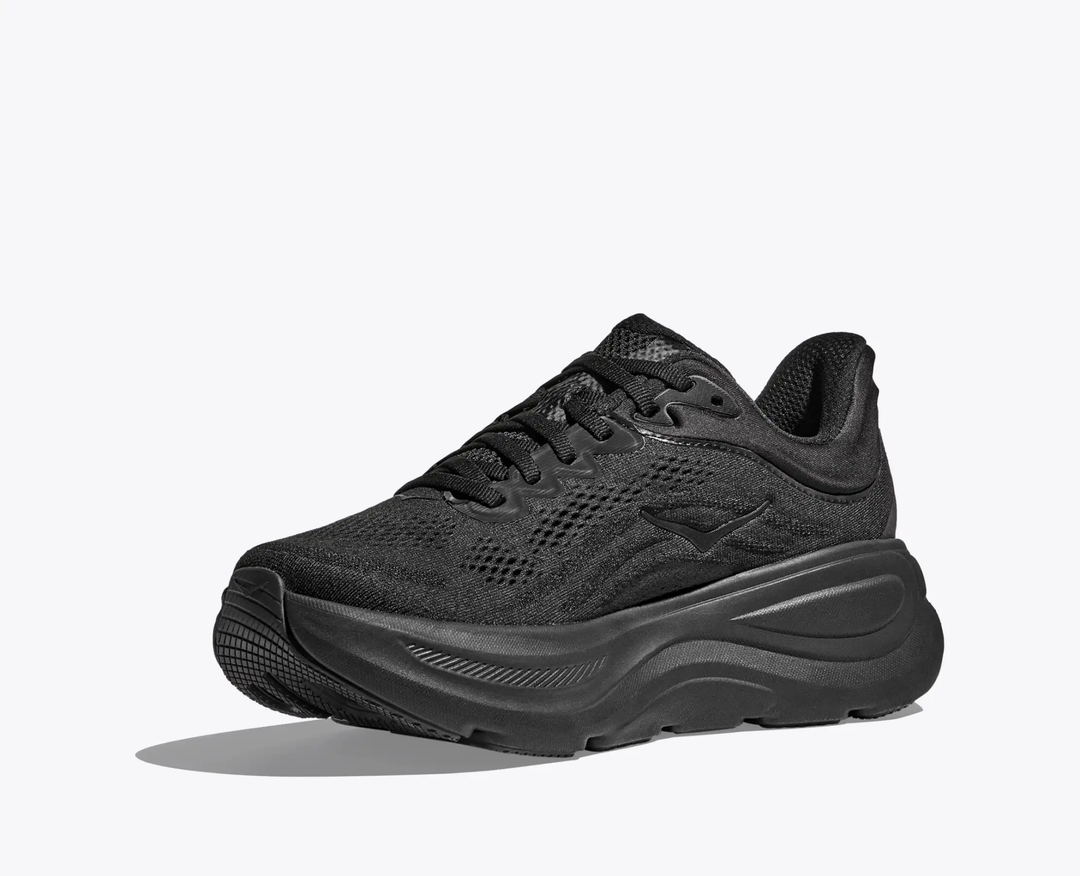 Black HOKA Bondi 9 running shoe with ultra-cushioned sole, 3D collar, and breathable mesh upper.
