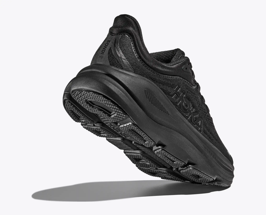 Bondi 9 running shoe in black with enhanced cushioning and Durabrasion Rubber sole.
