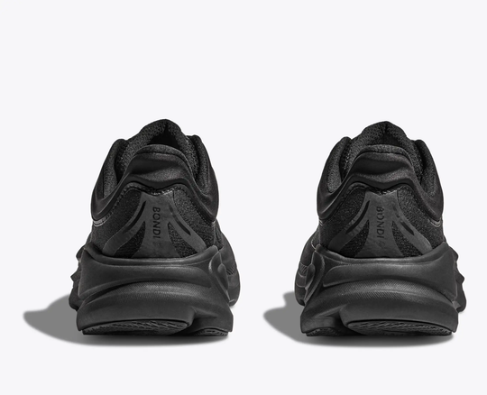 Rear view of black HOKA Bondi 9 running shoes displaying structured heel collar and mesh design.