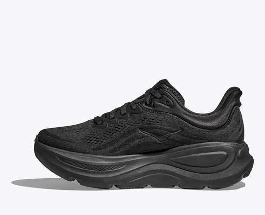 Black HOKA Bondi 9 running shoe with ultra-cushioned sole and breathable mesh upper.