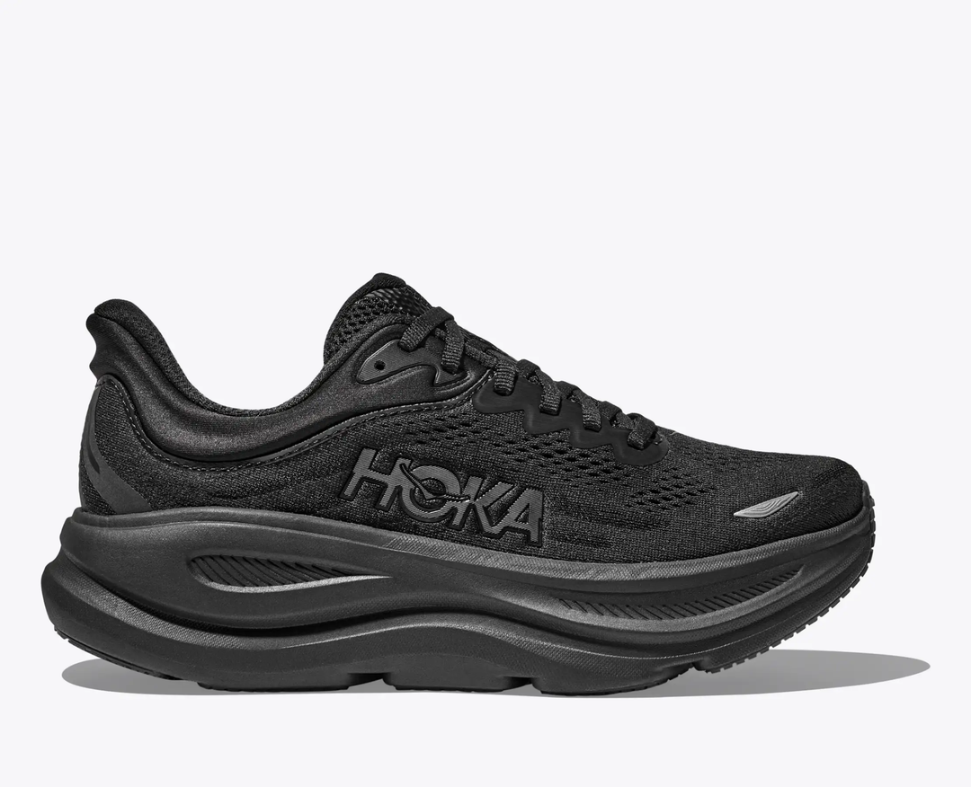 M Bondi 9 ultra-cushioned running shoe, black, with mesh upper, 3D molded collar, and Durabrasion Rubber sole.