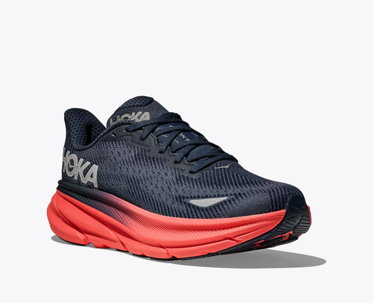 Clifton 9 Gtx running shoe with GORE-TEX, black mesh, and red sole designed for all-weather traction.