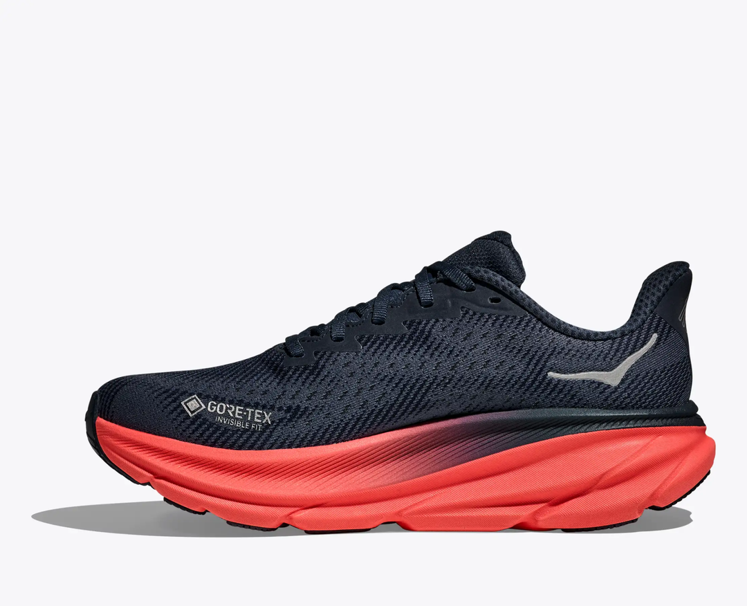 Clifton 9 Gtx running shoe with GORE-TEX Invisible Fit, reflective elements, and durable outsole.