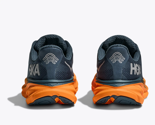 Clifton 9 Gtx shoes with orange sole and reflective features.