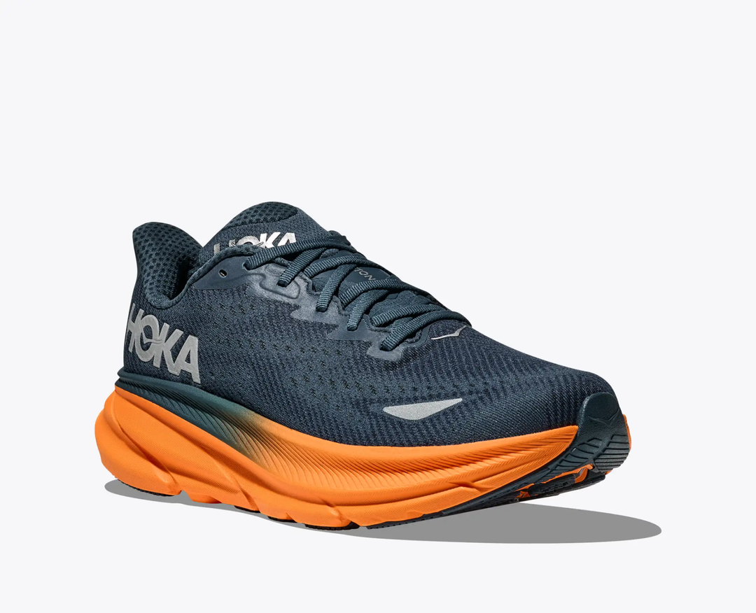 Clifton 9 Gtx running shoe with GORE-TEX, blue mesh upper, and orange sole.