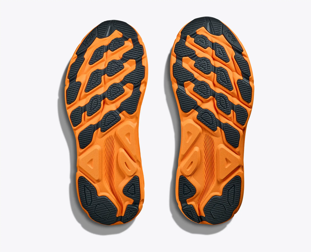 Orange and black sole design of Clifton 9 Gtx shoes showcasing enhanced traction.