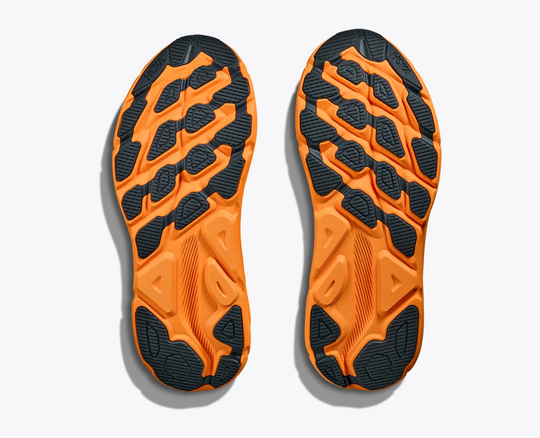 Orange and black sole design of Clifton 9 Gtx shoes showcasing enhanced traction.