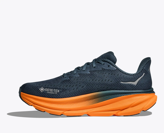 Clifton 9 Gtx running shoe with GORE-TEX and enhanced traction elements.