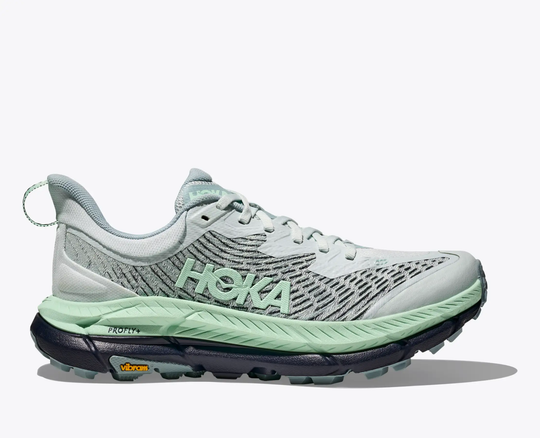 Trail running shoe Mafate Speed 4 in light green with breathable mesh and Vibram sole.