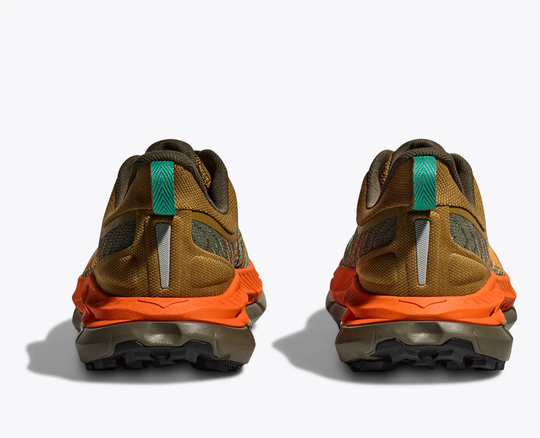 Mafate Speed 4 trail shoes, back view showing durable mesh and vibrant orange sole.