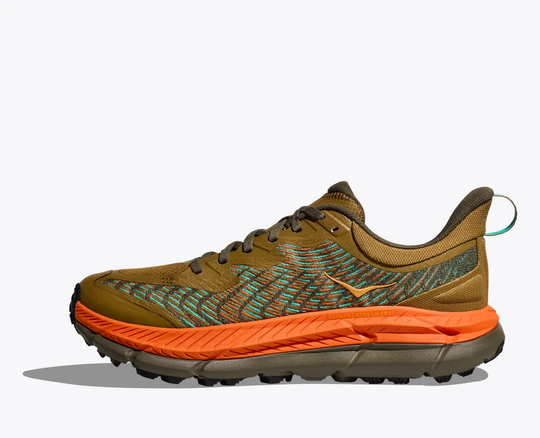 Trail running shoe HOKA Mafate Speed 4 with orange sole and breathable mesh upper.
