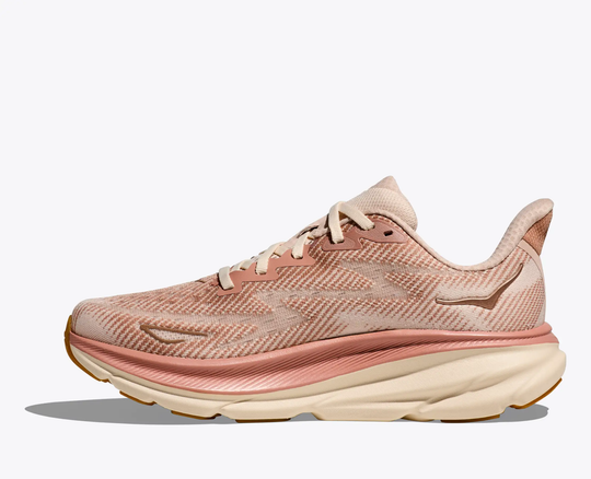 Clifton 9 running shoe with breathable mesh upper, cushioned sole, and sustainable materials in a sleek design.