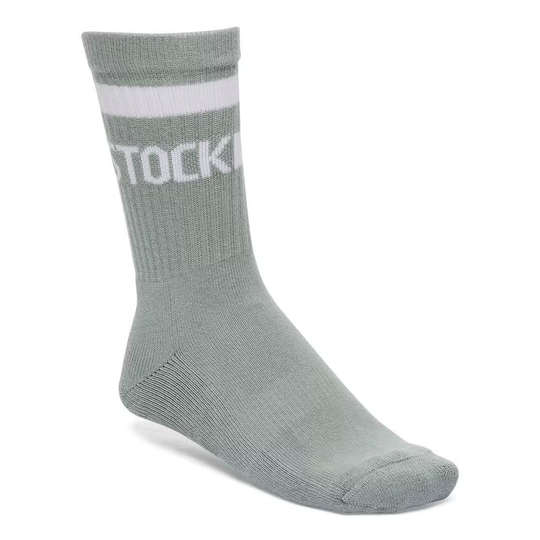 Cotton Crew Stripe socks with elastic comfort band and Birkenstock logo.