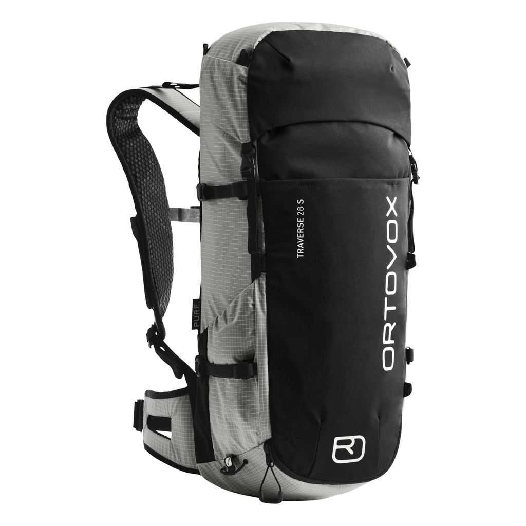 Versatile alpine backpack Traverse Pure 28 S, eco-friendly design, 28L capacity, ergonomic straps, convenient access, black and grey.