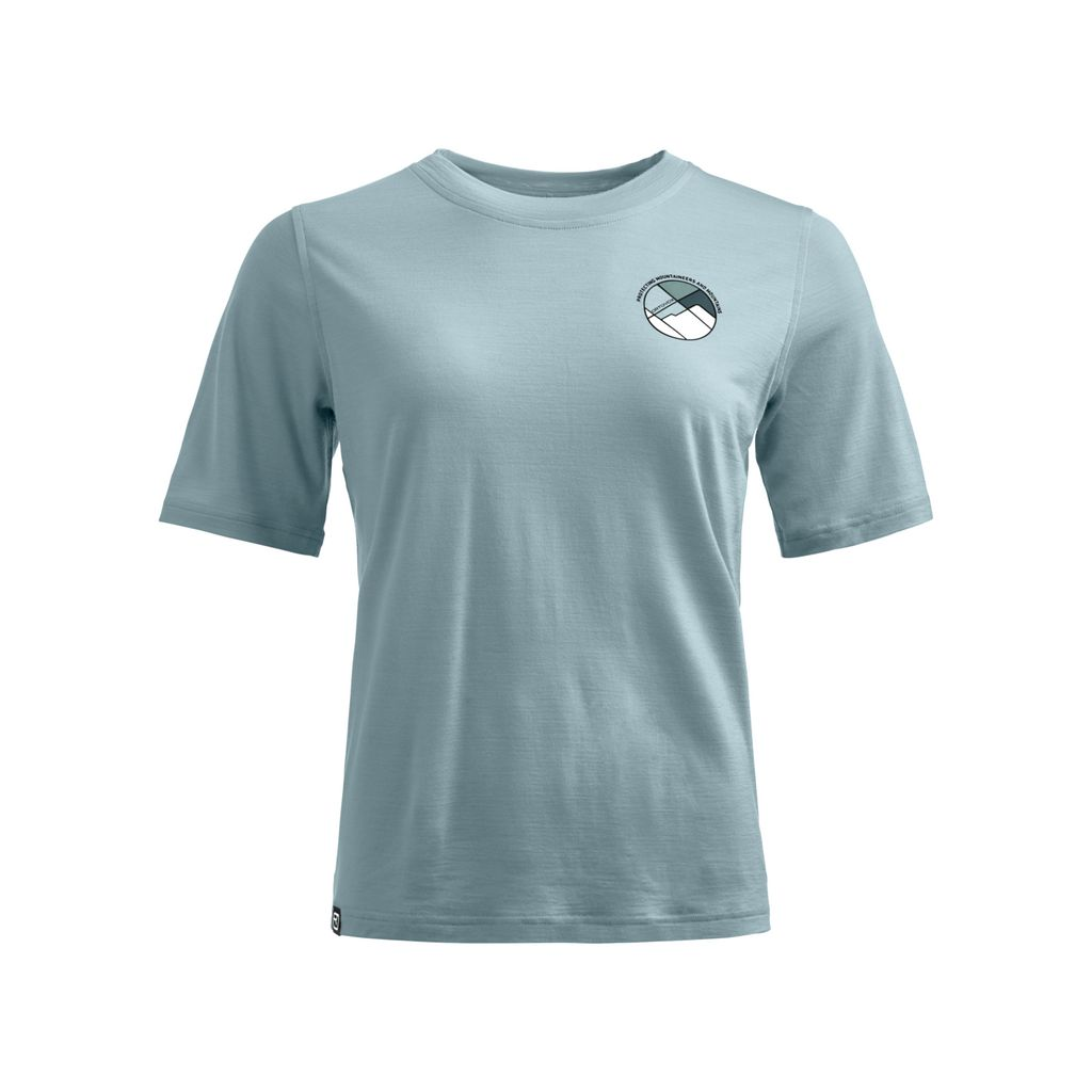 Light blue Merino wool T-shirt with round pattern, featuring breathable and moisture-regulating fabric ideal for mountain sports.