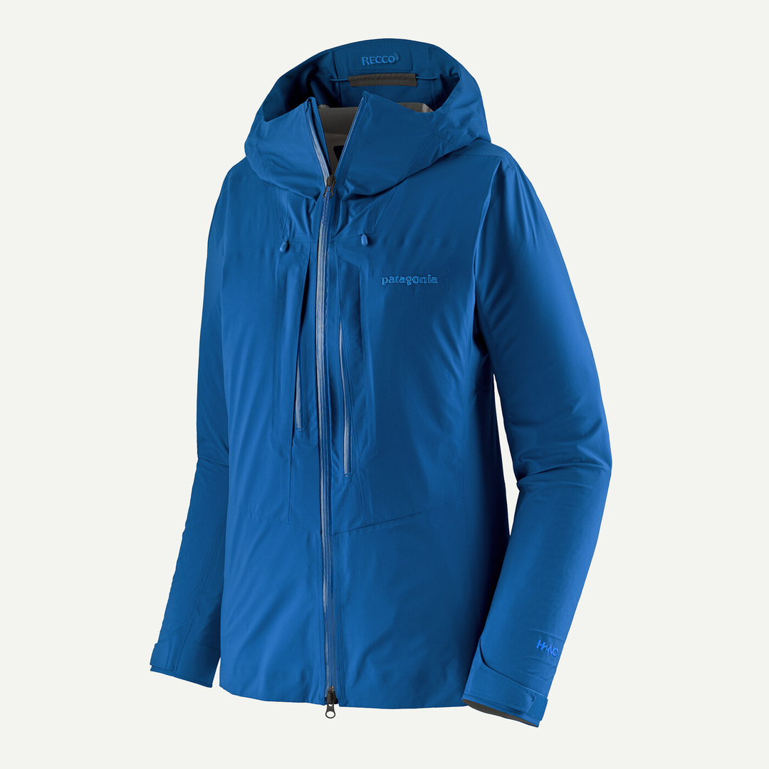 Women's M10 Storm Jacket, blue, lightweight alpinism gear with adjustable hood and waterproof features.