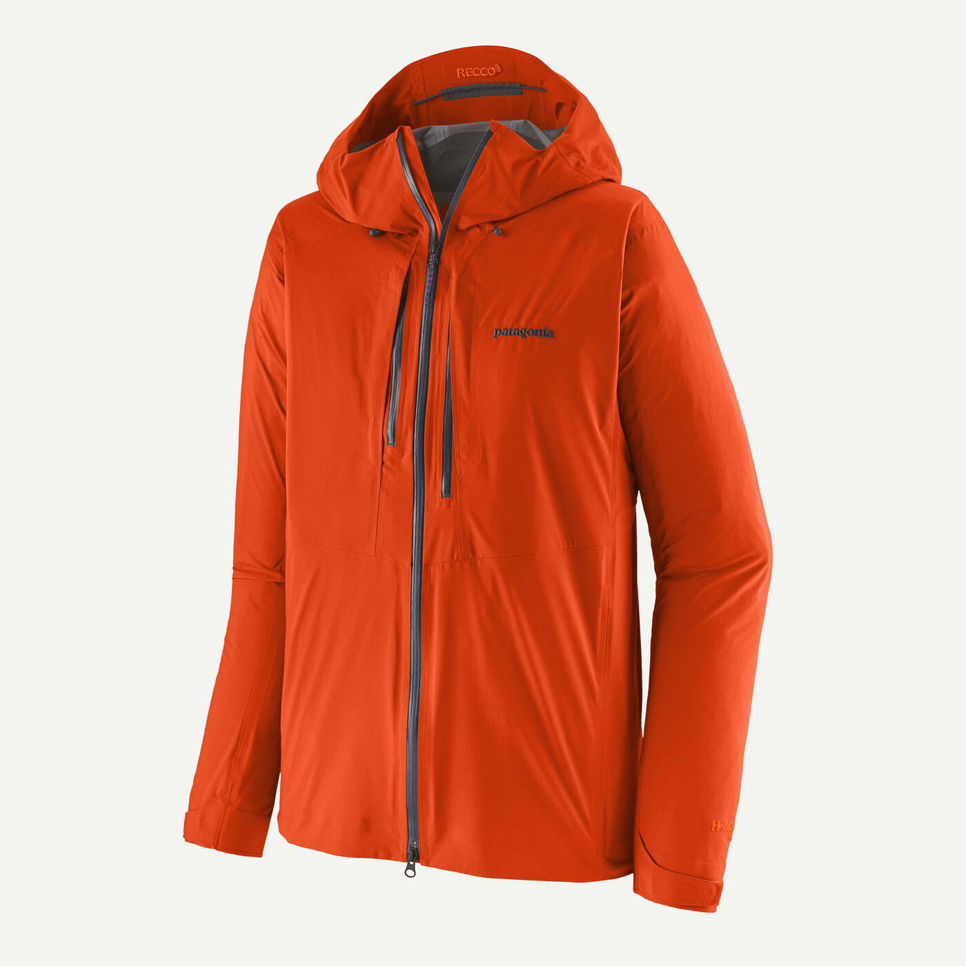 M10 Storm Jkt in bright orange, featuring adjustable hood, waterproof zip, and lightweight nylon fabric.