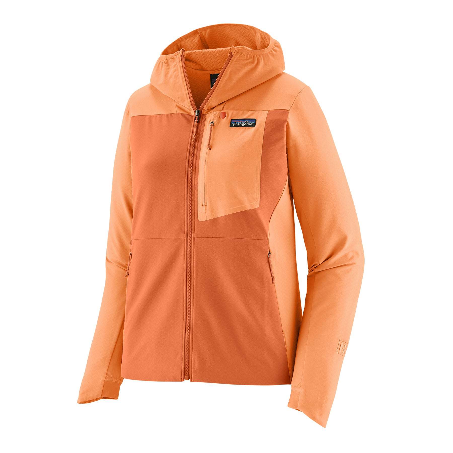Orange W's R1 Crossstrata Hoody with zip pockets and helmet-compatible hood.