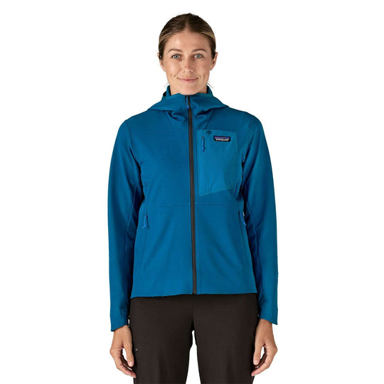 W's R1 Crossstrata Hoody in blue, woman's fleece jacket with hood and front zip, Fair Trade Certified.