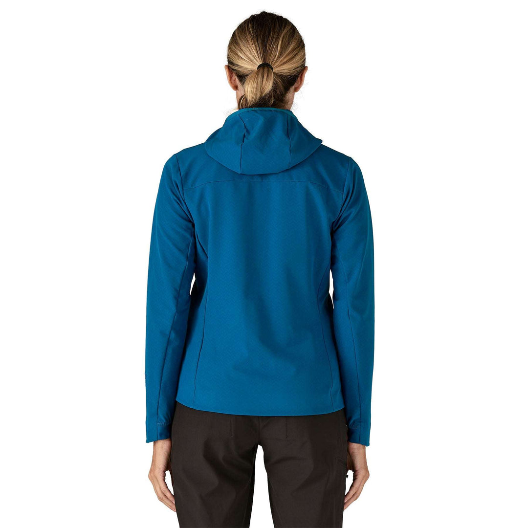 W's R1 Crossstrata Hoody, women's blue mid-layer jacket, back view, breathable, Fair Trade Certified.