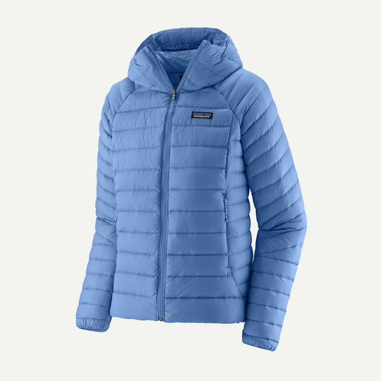 Women's blue down sweater hoody, lightweight and windproof, made from recycled nylon with 800-fill-power RDS down, featuring adjustable hood and zip closure.