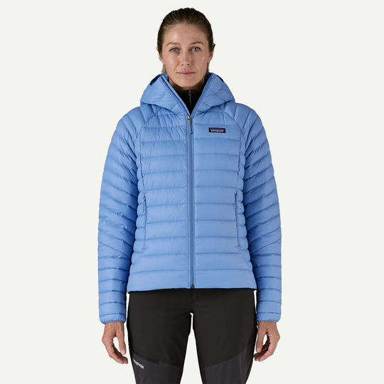 Light blue women's down sweater hoody with sustainable materials, front view.