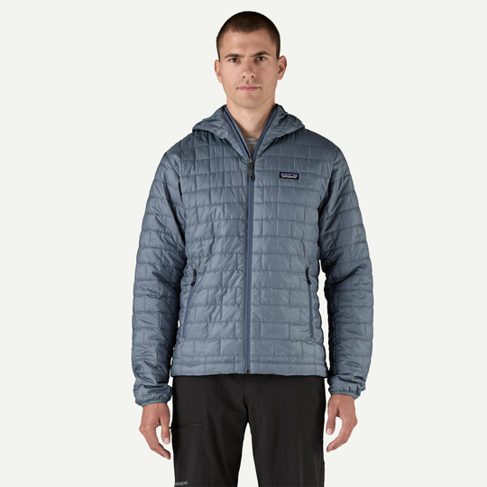 Lightweight grey Nano Puff Hoody with recycled polyester insulation.