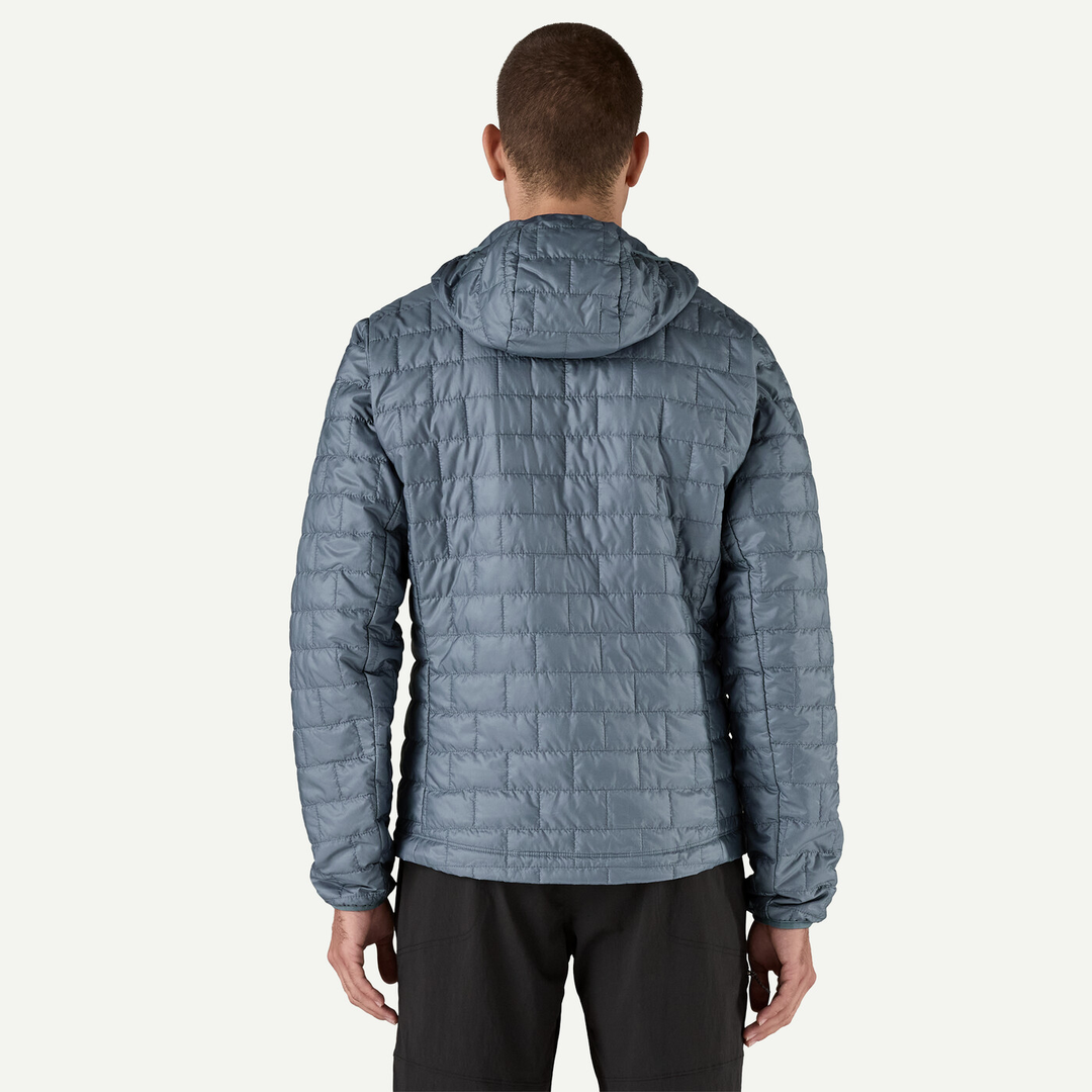 Nano Puff Hoody in recycled polyester, rear view showing quilted design and hood.