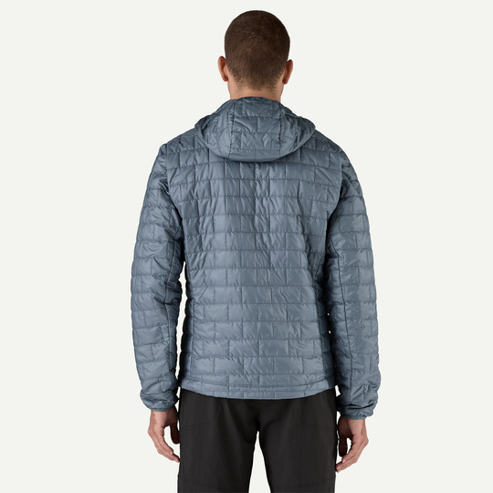 Nano Puff Hoody in recycled polyester, rear view showing quilted design and hood.