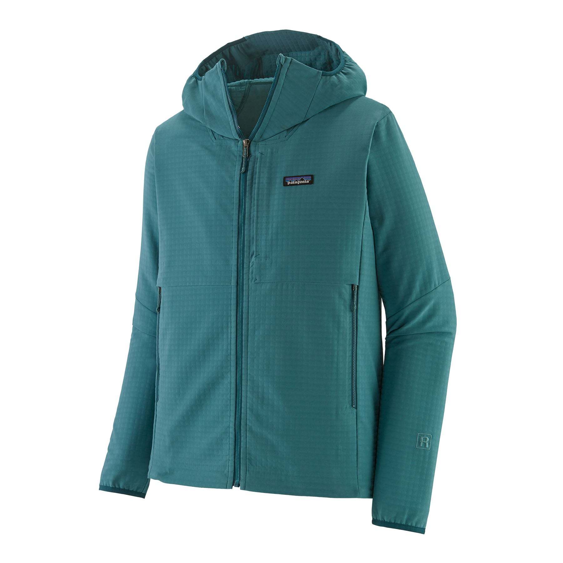 M's R1 Techface Hoody, teal color, abrasion-resistant, breathable mid-layer with adjustable hood, designed for mountain weather.