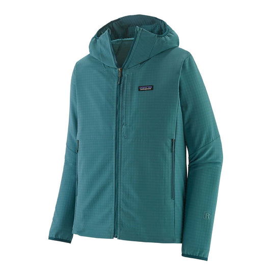 M's R1 Techface Hoody, teal color, abrasion-resistant, breathable mid-layer with adjustable hood, designed for mountain weather.