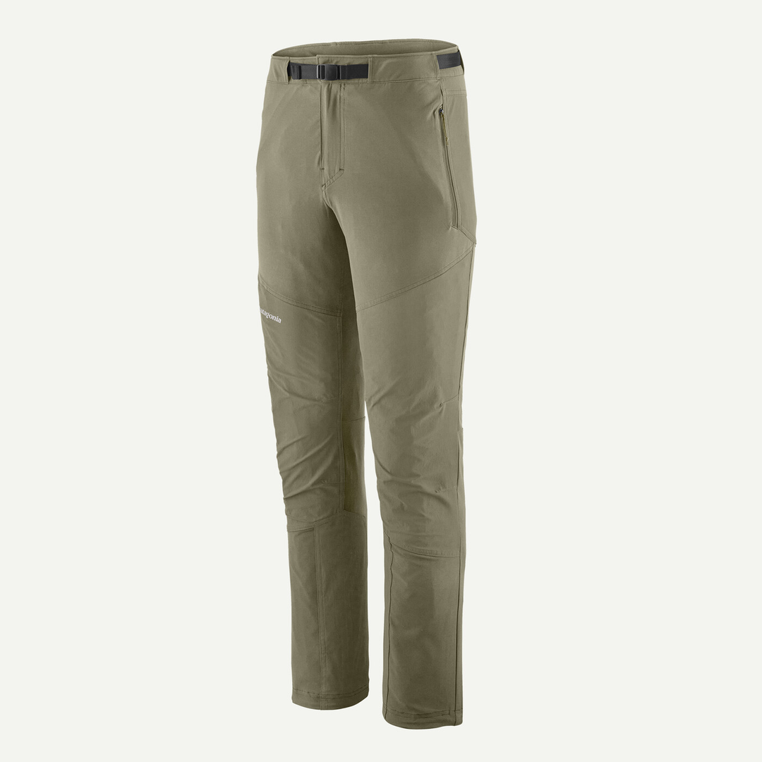 M's Terravia Alpine Pants in green, durable soft shell climbing pants with adjustable waist and reinforced panels.