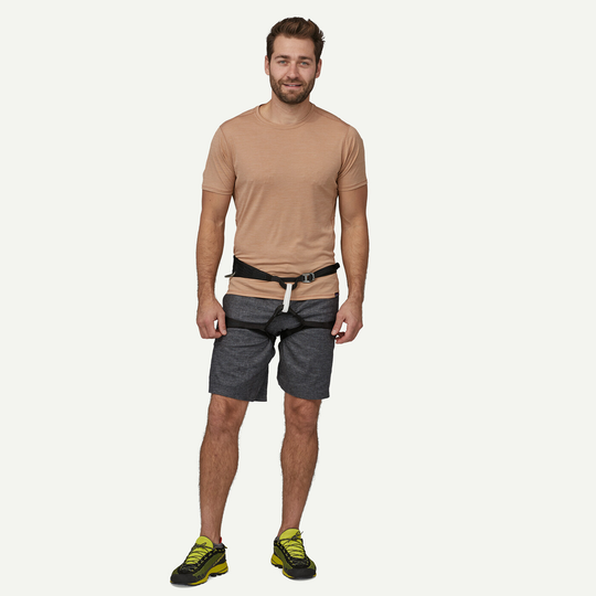 Men's climbing shorts, breathable and durable, made from organic hemp, recycled polyester, and elastane, with Fair Trade certification.