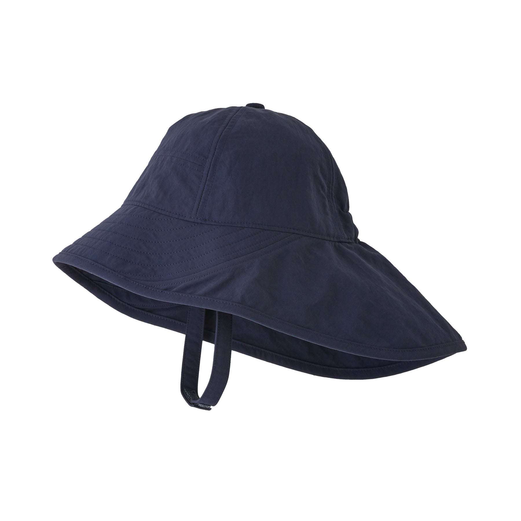 Baby Block-The-Sun Hat in navy blue with full brim and adjustable chin strap.