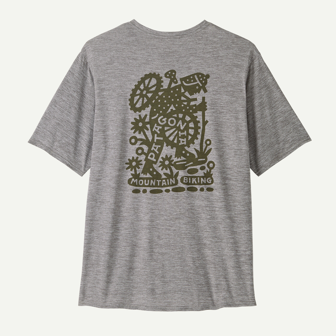 M's Cap Cool Daily Graphic Shirt with nature-inspired print, made from recycled polyester, featuring odor control and Fair Trade Certified™ production.