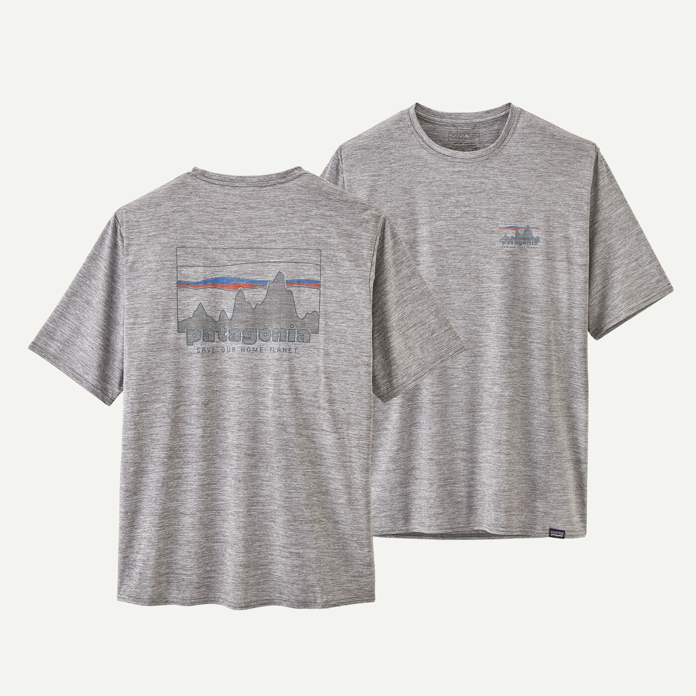 M's Cap Cool Daily Graphic Shirt by Patagonia, grey, quick-drying, odor control, recycled polyester, Fair Trade Certified.
