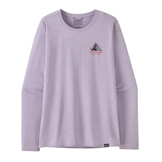 Women's long-sleeve Cap Cool Daily Graphic Shirt in light purple, featuring advanced moisture-wicking, odor control, and recycled polyester for versatile outdoor comfort.